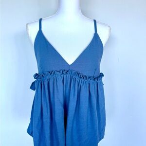 Handmade Blue Linen Blend Sleeveless Ruffle Top | M/L | Adjutable Straps | Ties